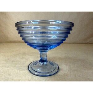 Vintage Anchor Hocking Park Avenue Blue Ribbed Glass Pedestal Compote Dish